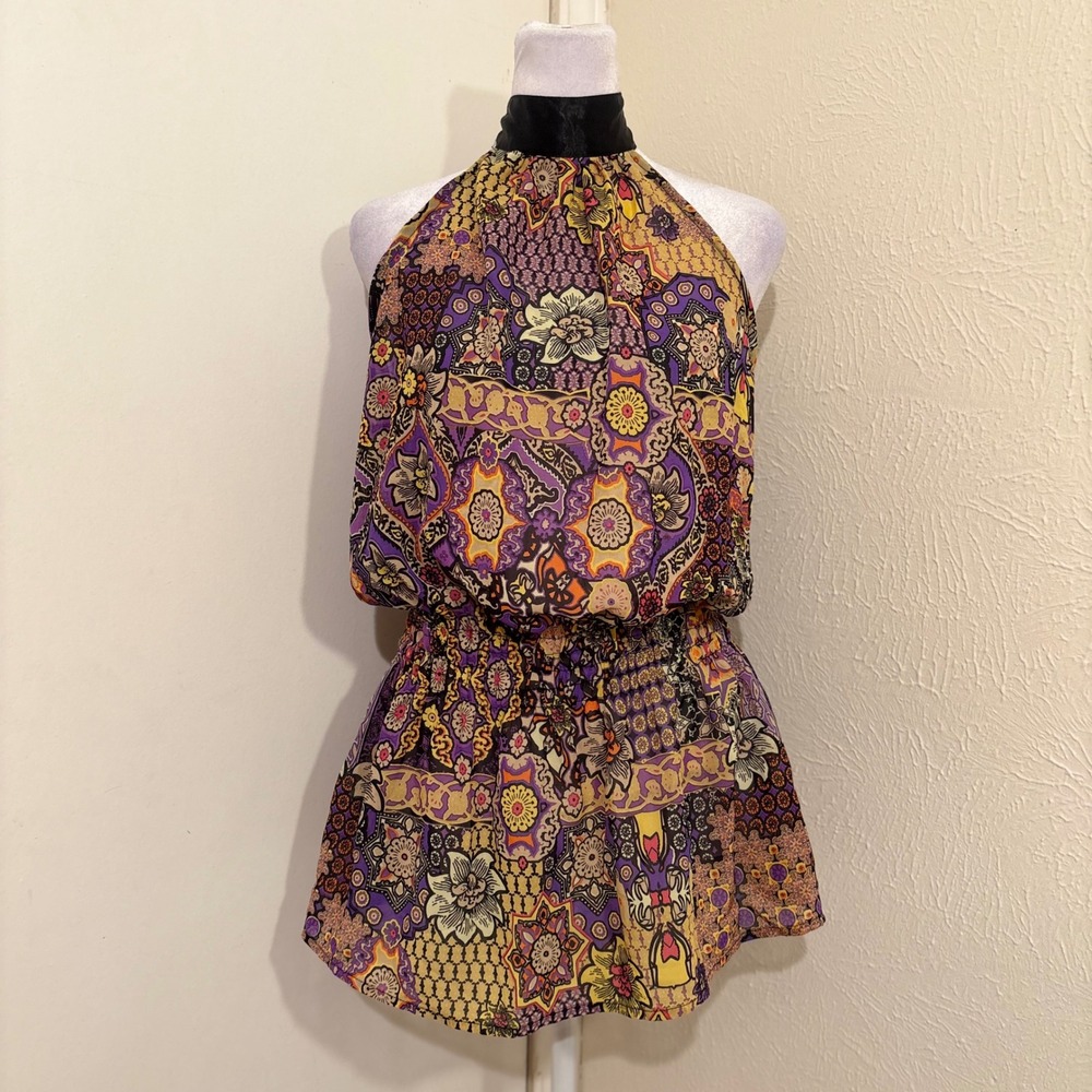 Ali & Kris Purple Yellow Paisley Floral Halter Top Silk Trim Groovy Retro 70s 1X
